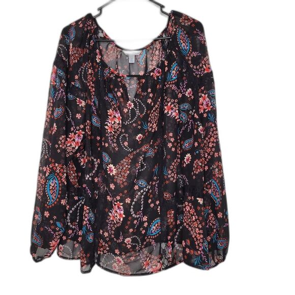 Boutique Tops - Boutique Plus Sheer Lace Detail Paisley Floral Print Long Sleeve Blouse Size 3X